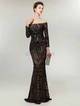 Off the Shoulder Black Sequin Mermaid Long Sleeves Gorgouse Prom Dresses,Prom Dress LMX1148