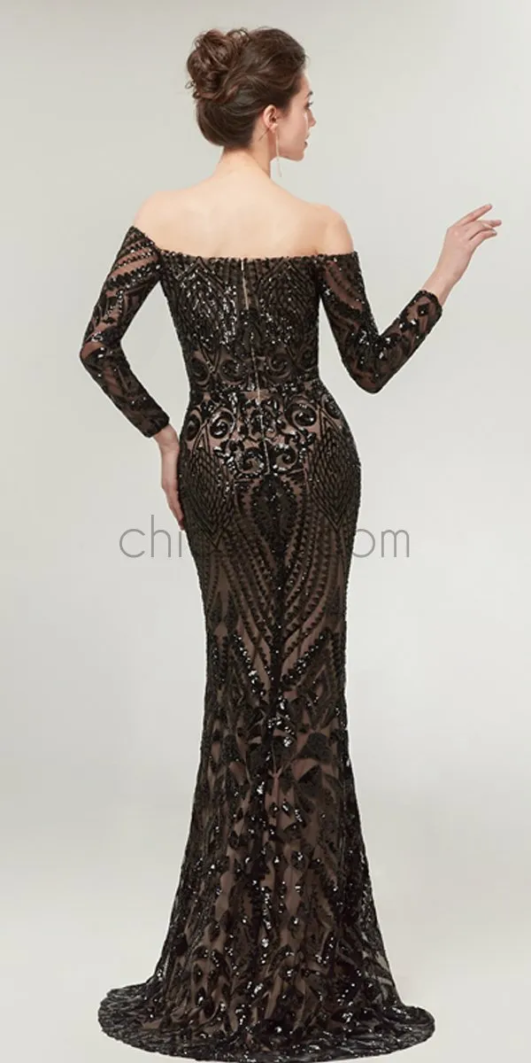 Off the Shoulder Black Sequin Mermaid Long Sleeves Gorgouse Prom Dresses,Prom Dress LMX1148