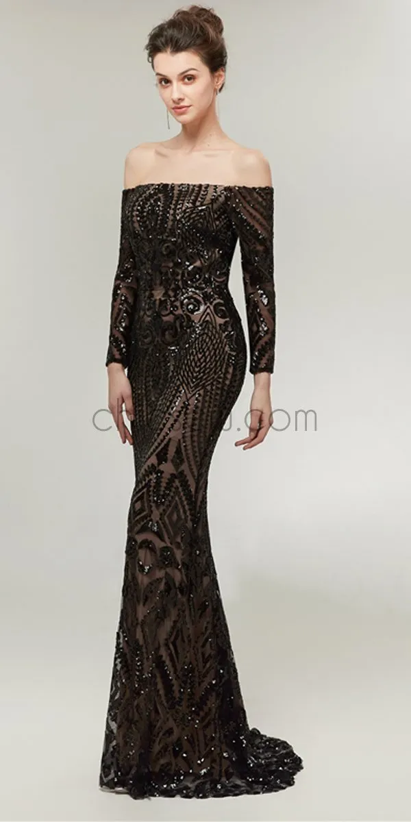 Off the Shoulder Black Sequin Mermaid Long Sleeves Gorgouse Prom Dresses,Prom Dress LMX1148