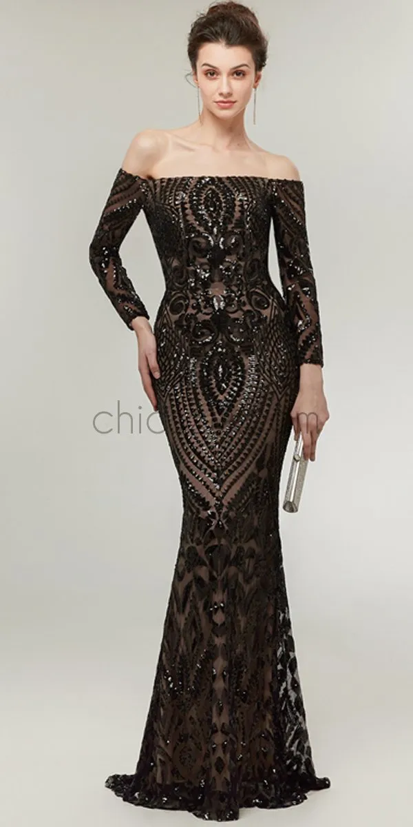 Off the Shoulder Black Sequin Mermaid Long Sleeves Gorgouse Prom Dresses,Prom Dress LMX1148