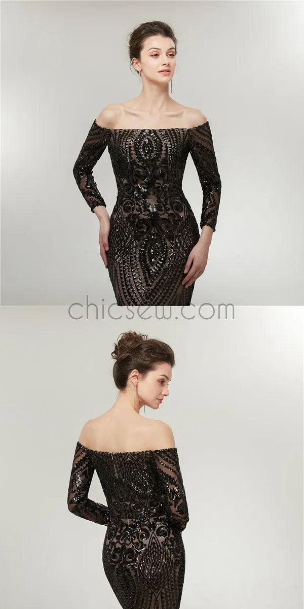 Off the Shoulder Black Sequin Mermaid Long Sleeves Gorgouse Prom Dresses,Prom Dress LMX1148