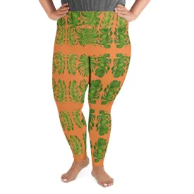 Orange Tropical Leaf Yoga Pants, Hawaiian Style Print Plus Size Women's Leggings-Made in USA/EU