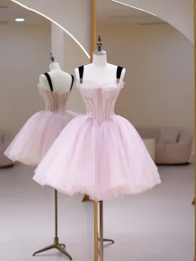 Pink Tulle Sequins Sweetheart Short Prom Dress Pink Straps Party Dress