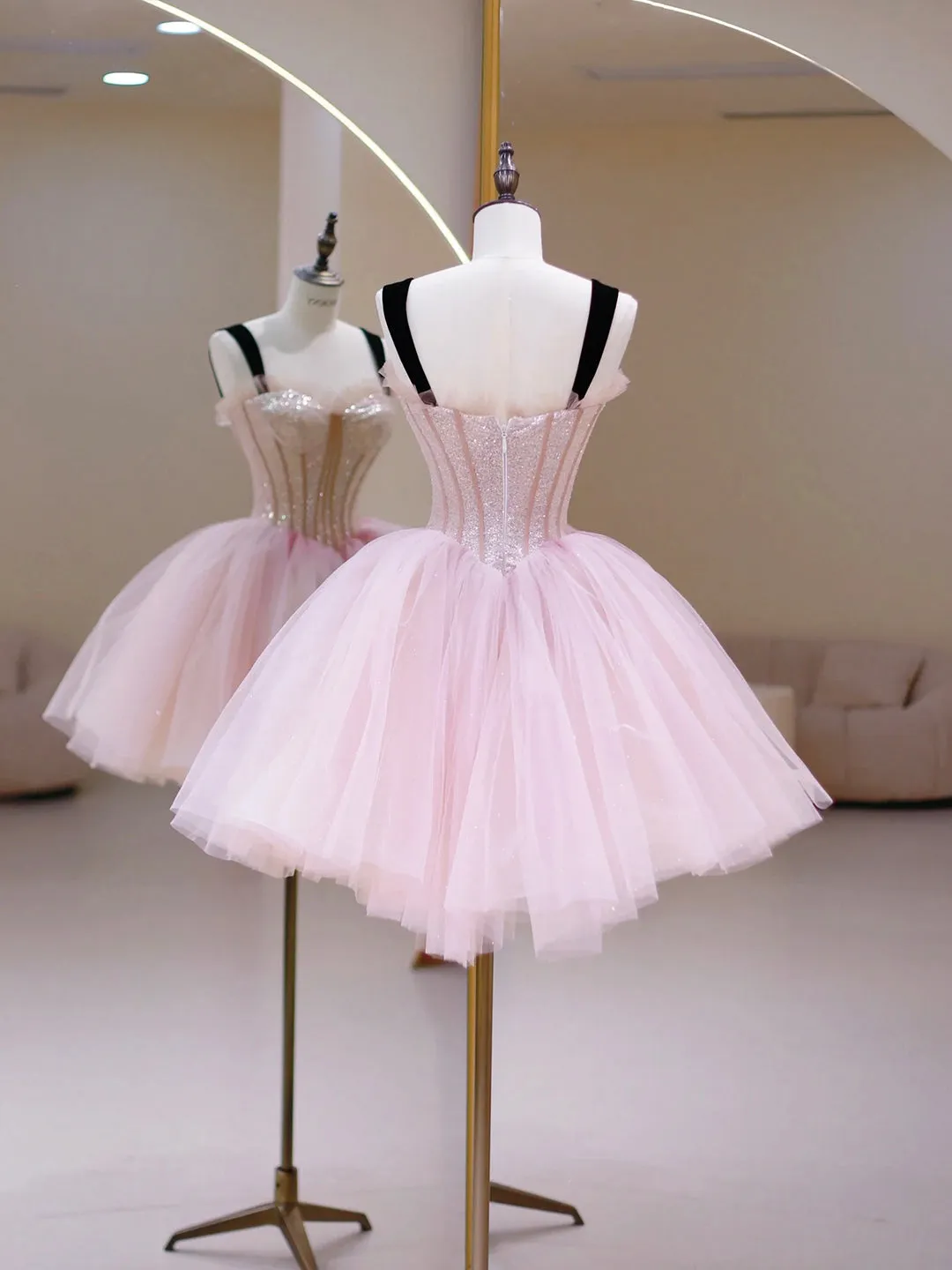 Pink Tulle Sequins Sweetheart Short Prom Dress Pink Straps Party Dress