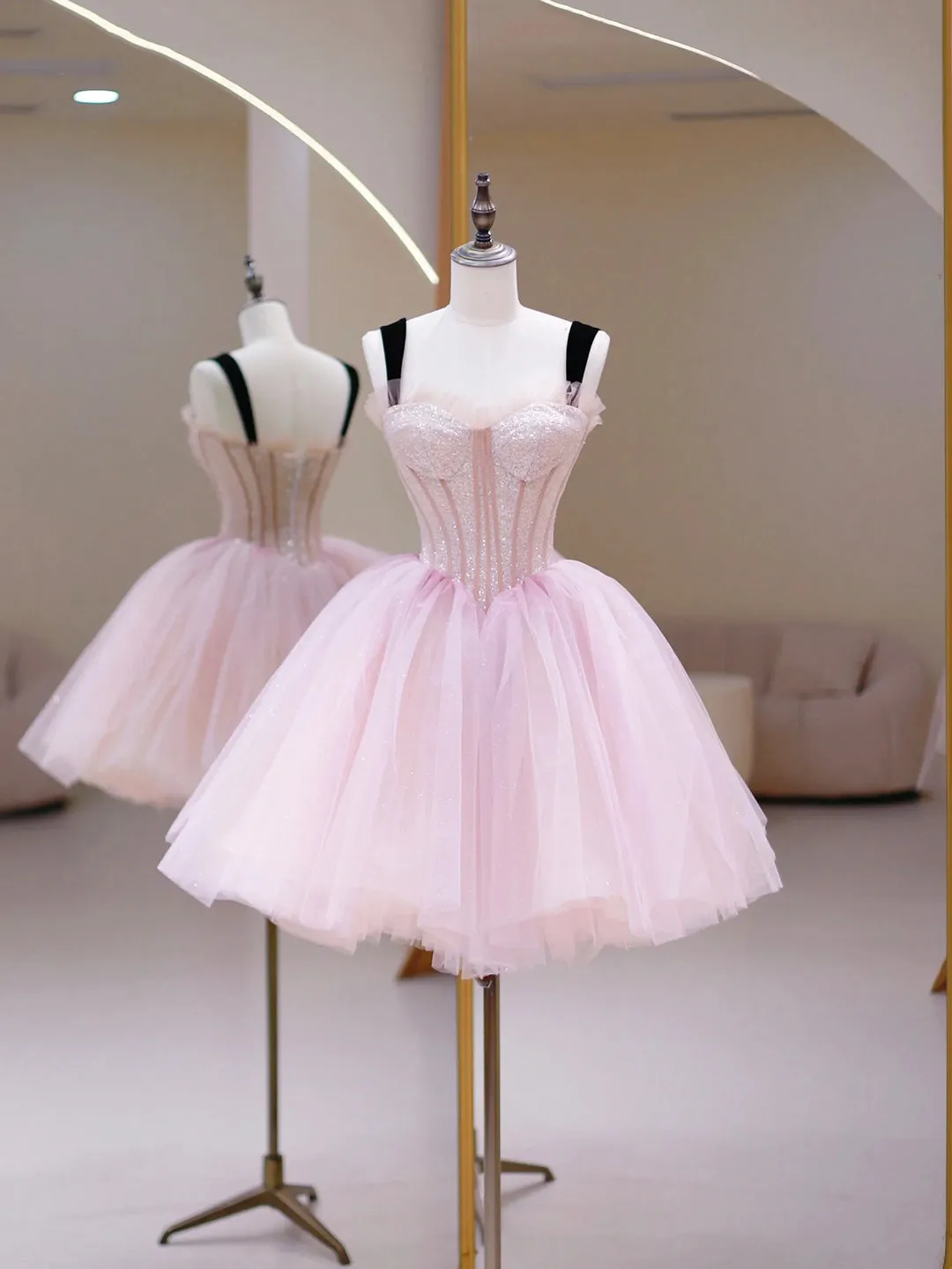 Pink Tulle Sequins Sweetheart Short Prom Dress Pink Straps Party Dress