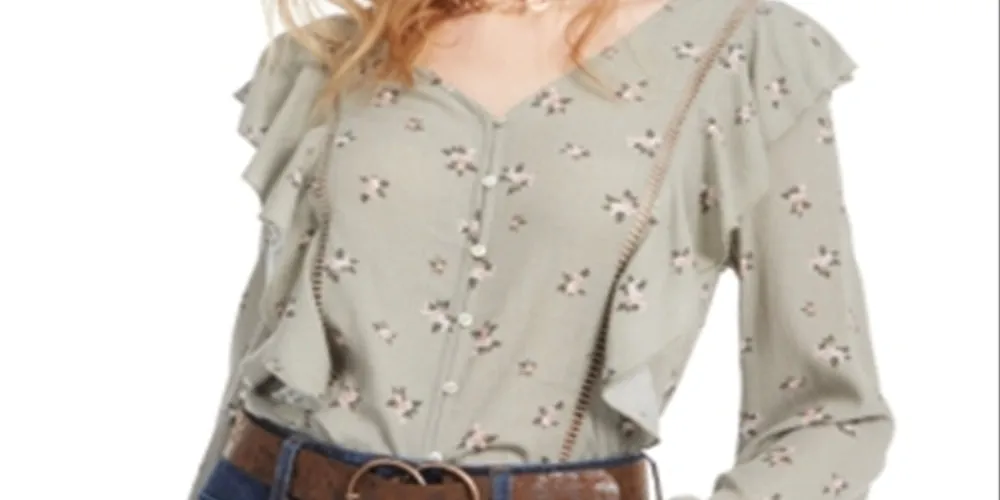 Planet Gold Junior's Floral Ruffle Top Green Size Large