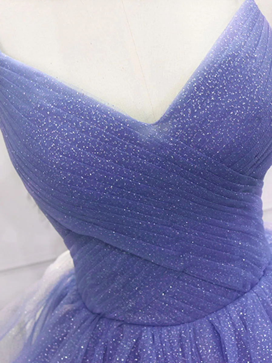 Purple v neck Tulle Long Prom Dress, Purple Sweet 16 Dress