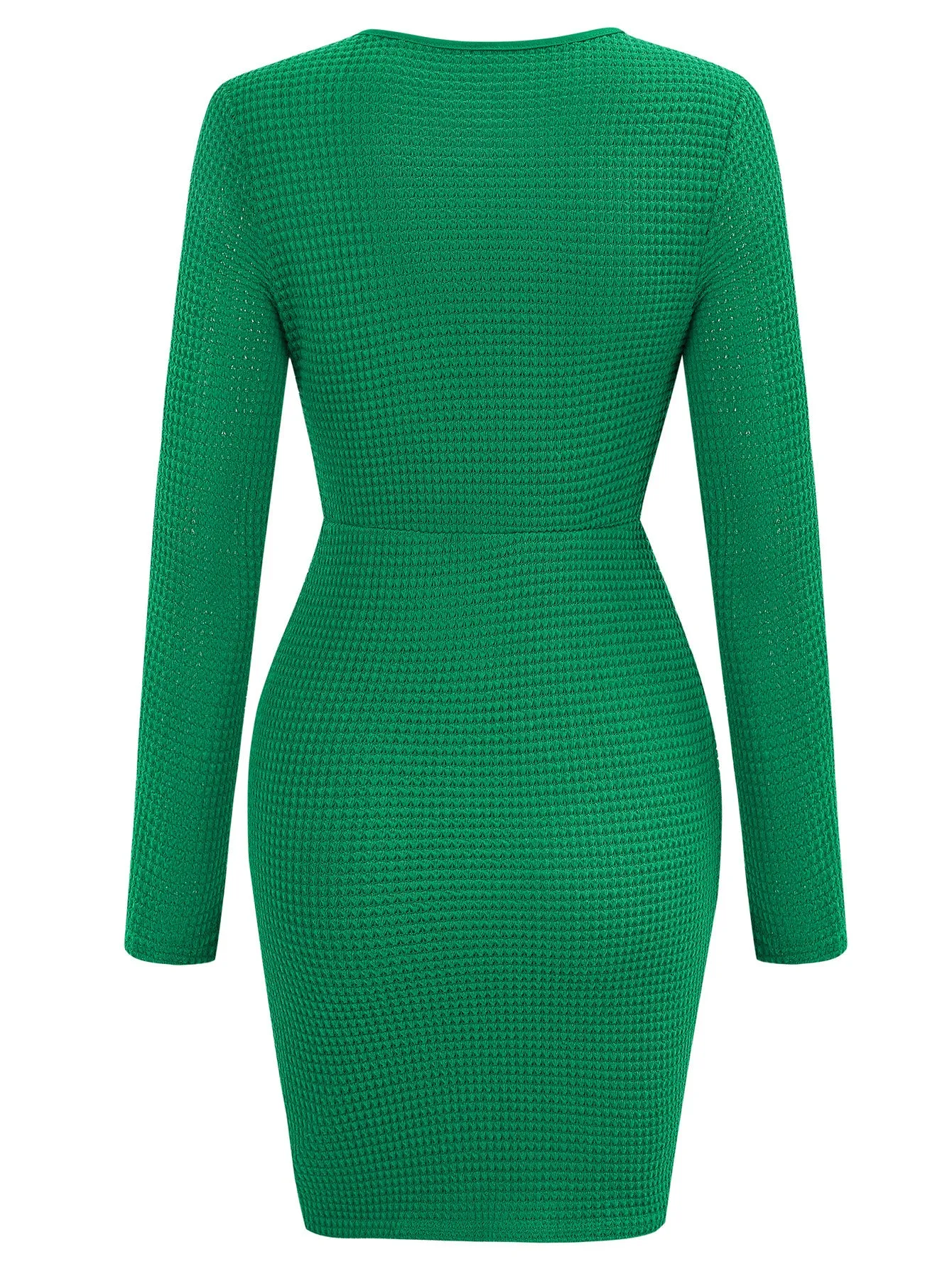 Round Neck Solid Color Cinched Waist Long Sleeve Hip-hugging Green Mini Dress