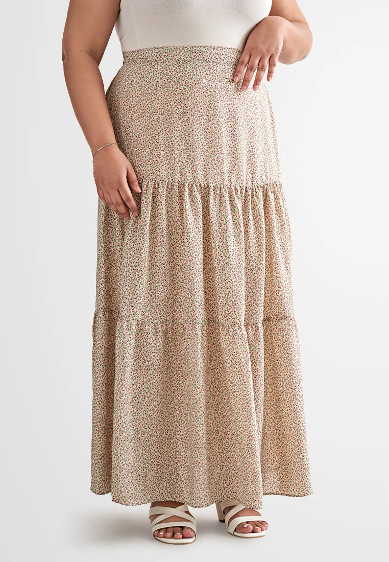 Sandria Long Tiered Skirt - Beige Floral