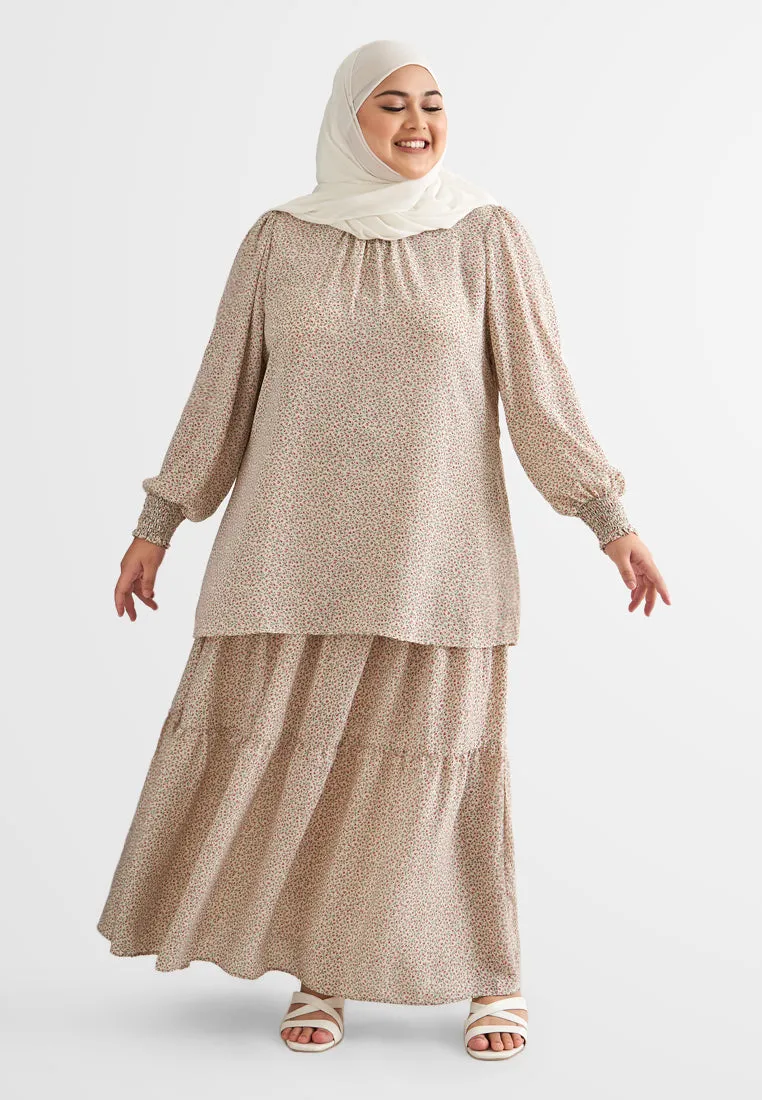 Sandria Long Tiered Skirt - Beige Floral