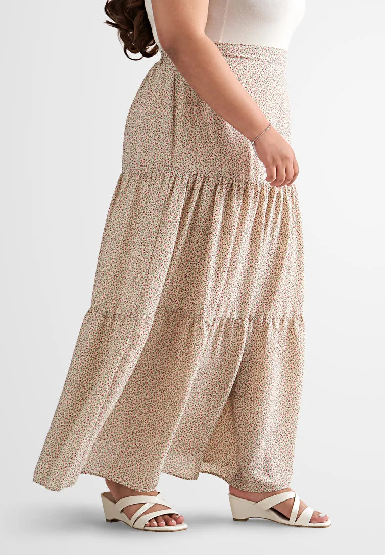 Sandria Long Tiered Skirt - Beige Floral