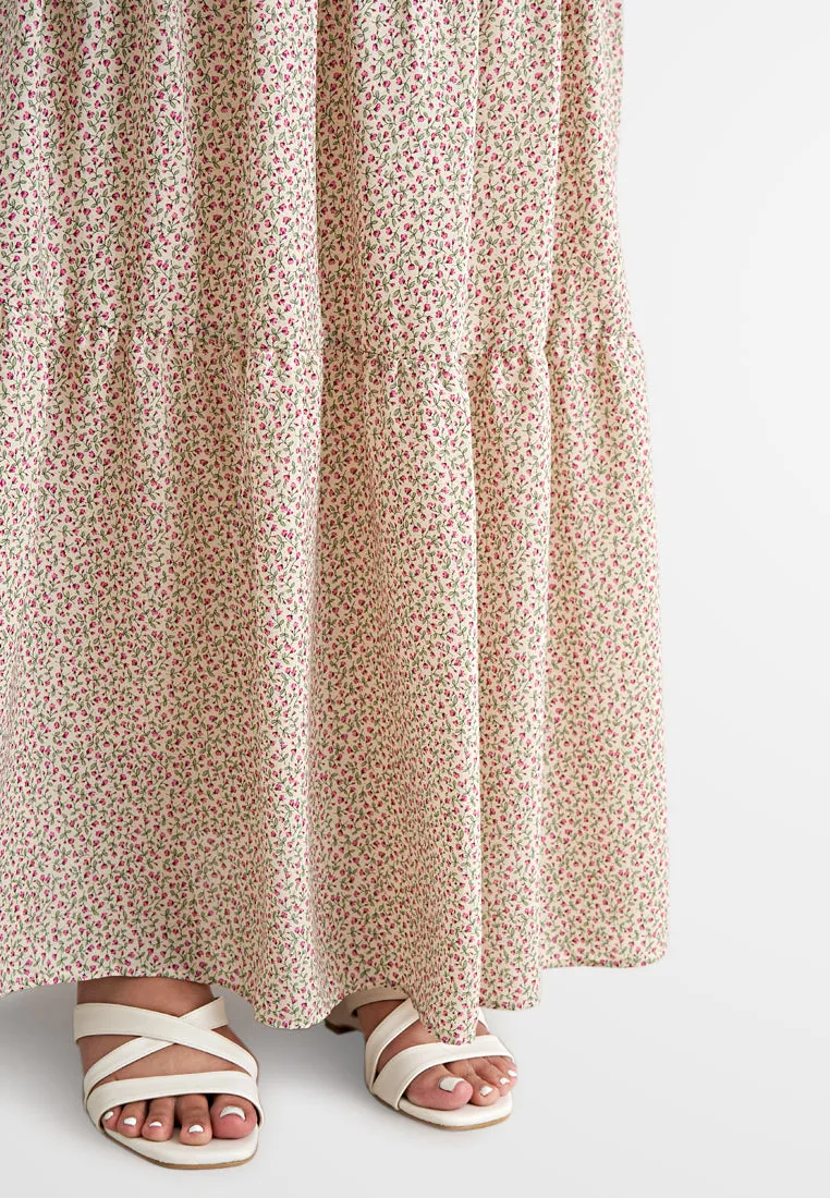 Sandria Long Tiered Skirt - Beige Floral