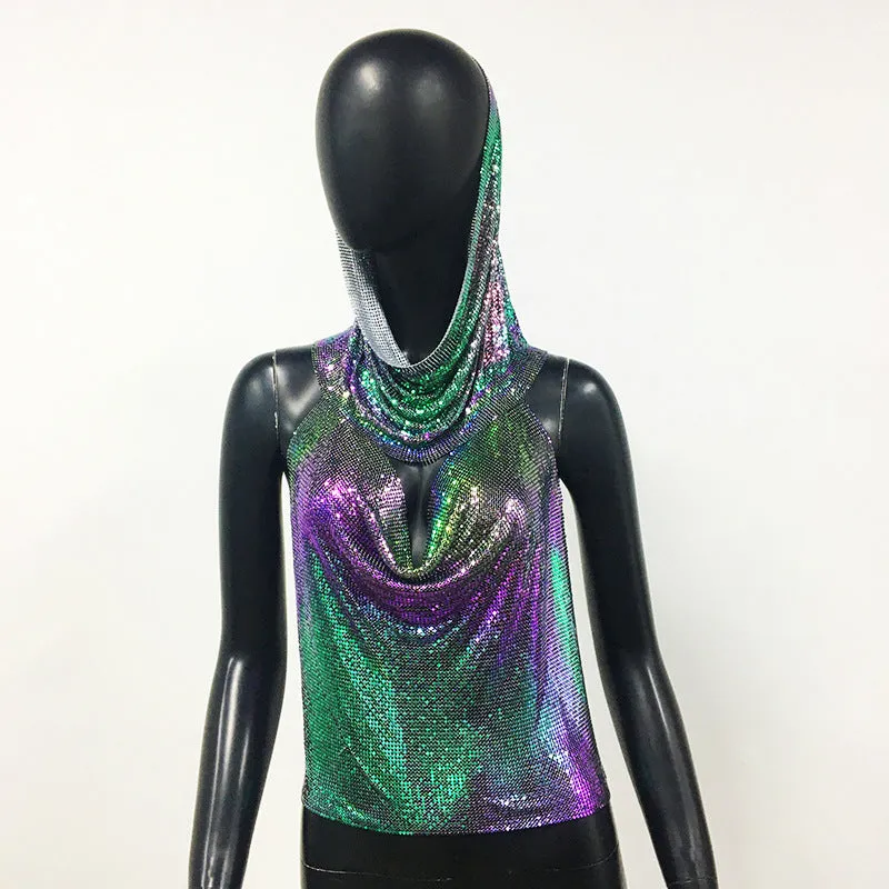 Sequin Sling Headscarf Sweet Spicy Sequined Crop Halter Top