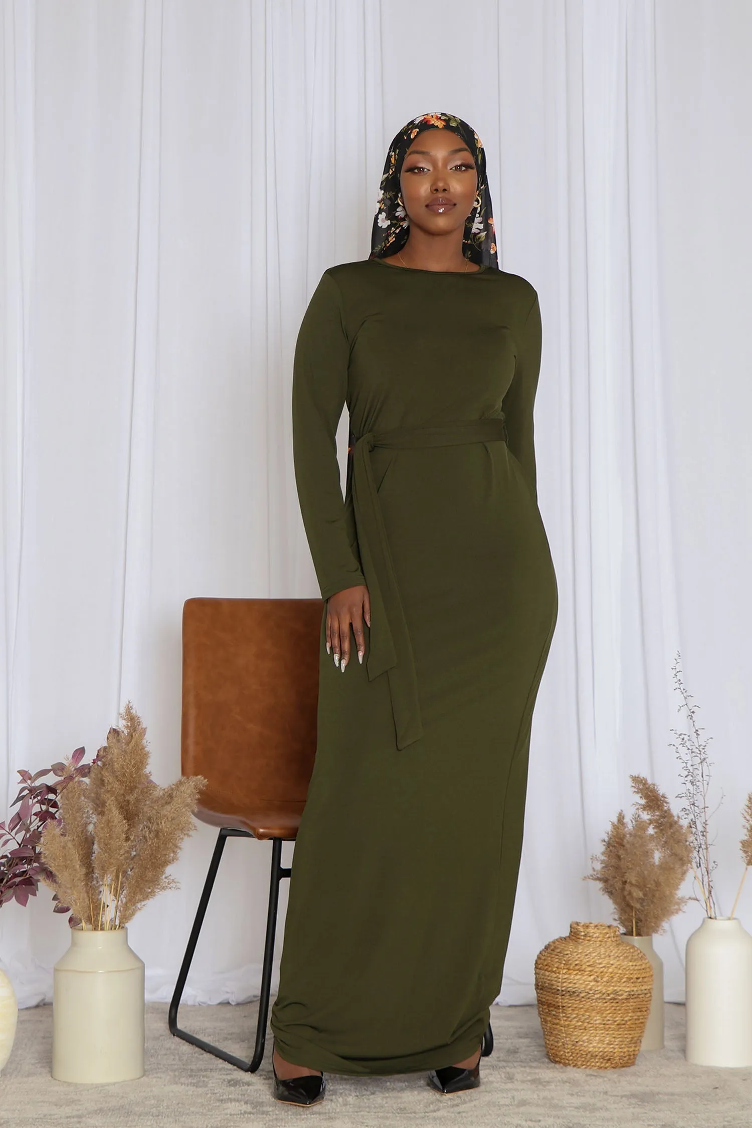 Sheath Spandex Maxi Dress - Deep Olive