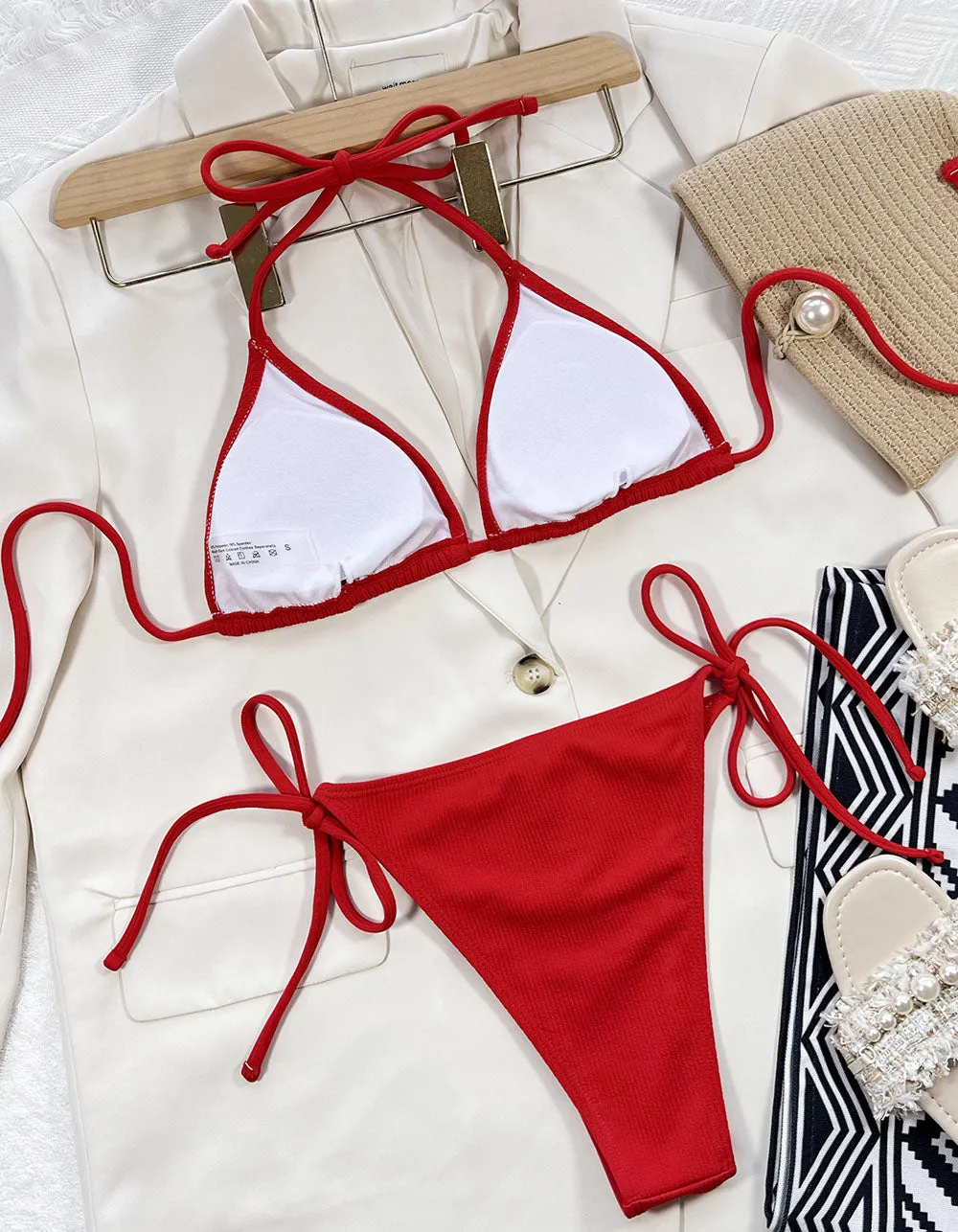 Solid-color Halter Tie Side Backless Thongs Tie-Two-piece Bikini Swimwear Sets