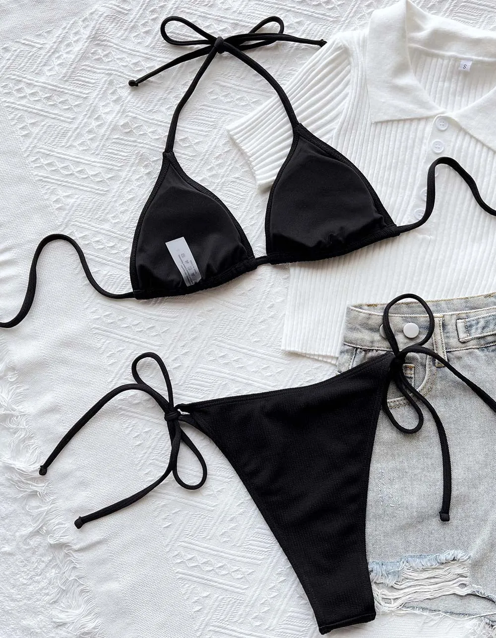 Solid-color Halter Tie Side Backless Thongs Tie-Two-piece Bikini Swimwear Sets