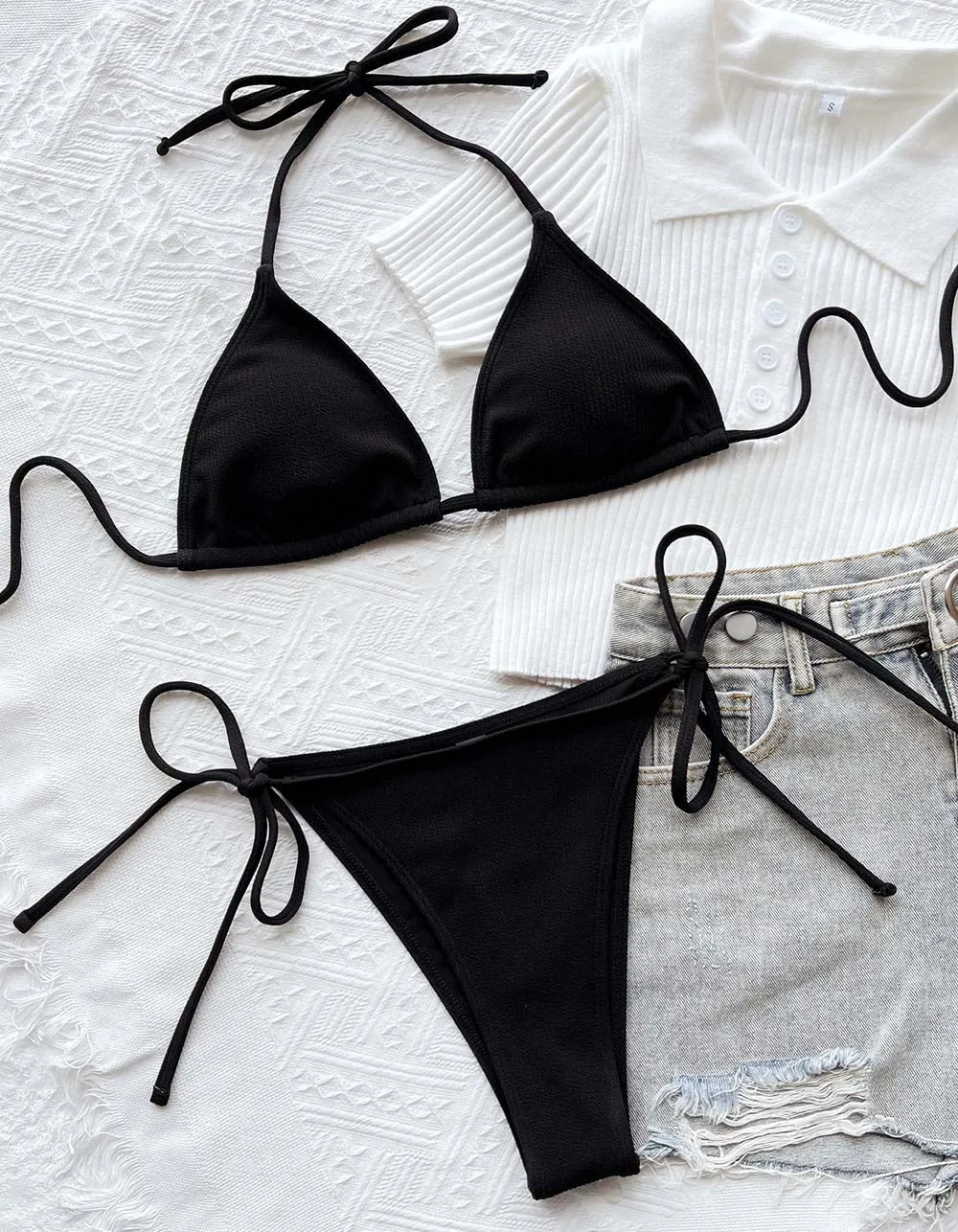 Solid-color Halter Tie Side Backless Thongs Tie-Two-piece Bikini Swimwear Sets