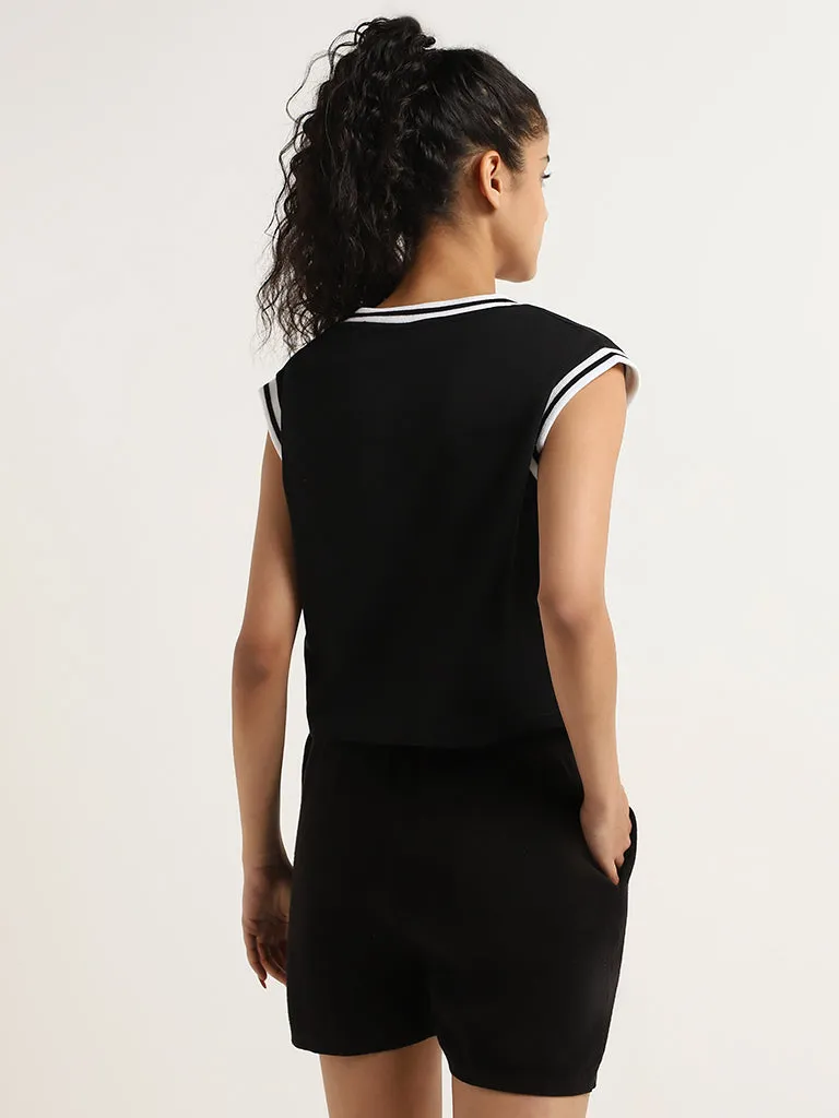 Studiofit Black Contrast Print Cotton Crop T-Shirt
