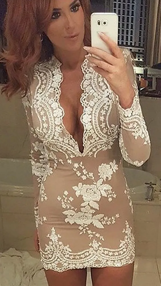 The Dawn Sexy Drop V Neck Long Sleeve Sequin Mini Dress White