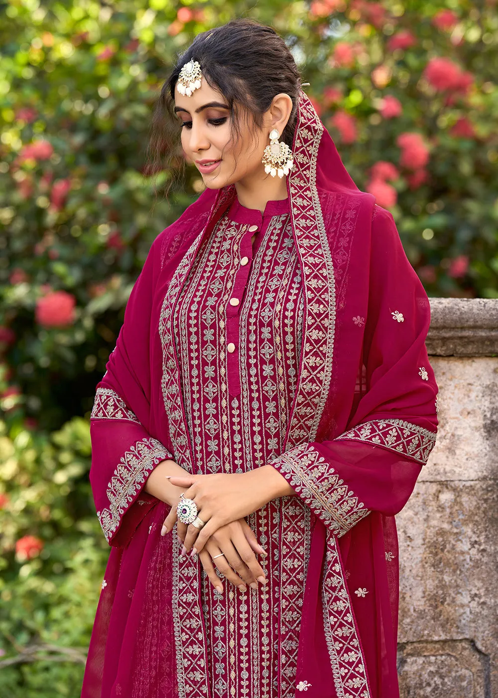 Thread & Sequins Embroidered Pink Pant Style Salwar Suit