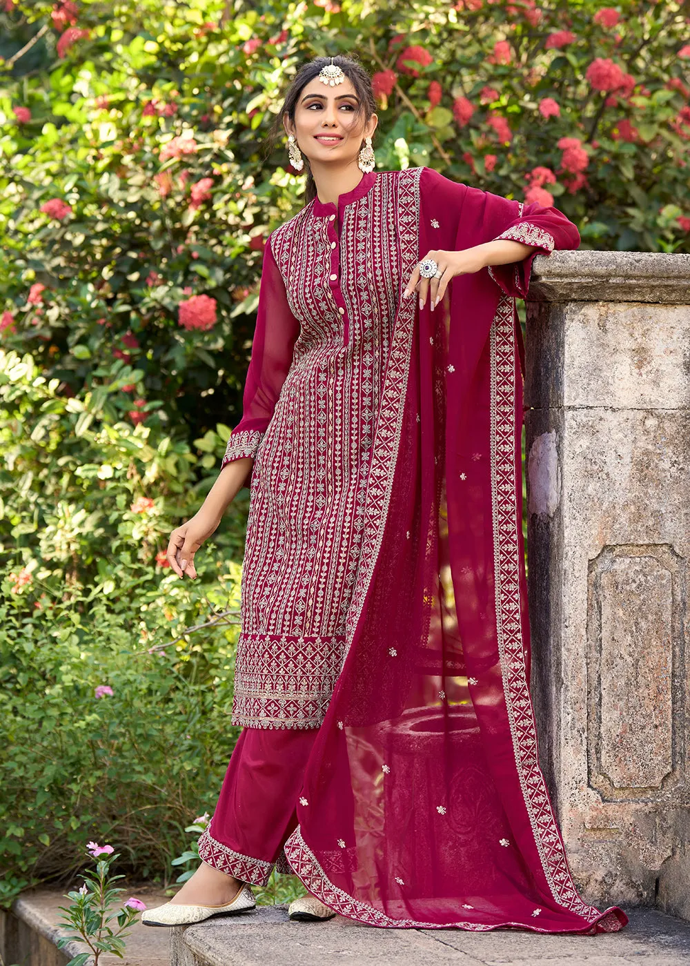 Thread & Sequins Embroidered Pink Pant Style Salwar Suit
