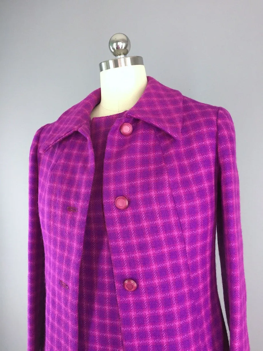 Vintage 1960s Wool Dress & Jacket Set / Magenta Plaid
