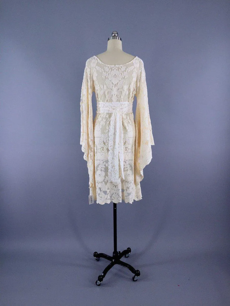 Vintage 1970s Ivory Lace Dress / Bohemian Wedding Festival