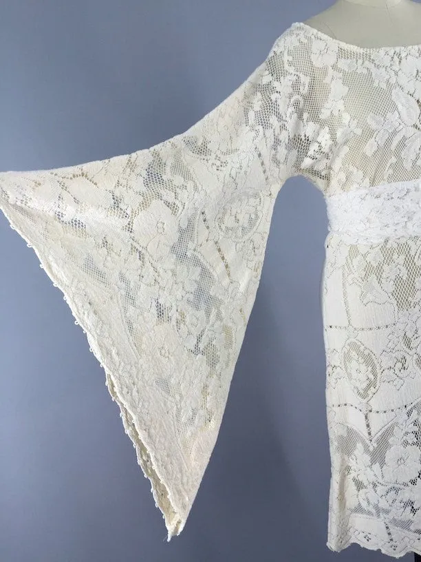 Vintage 1970s Ivory Lace Dress / Bohemian Wedding Festival