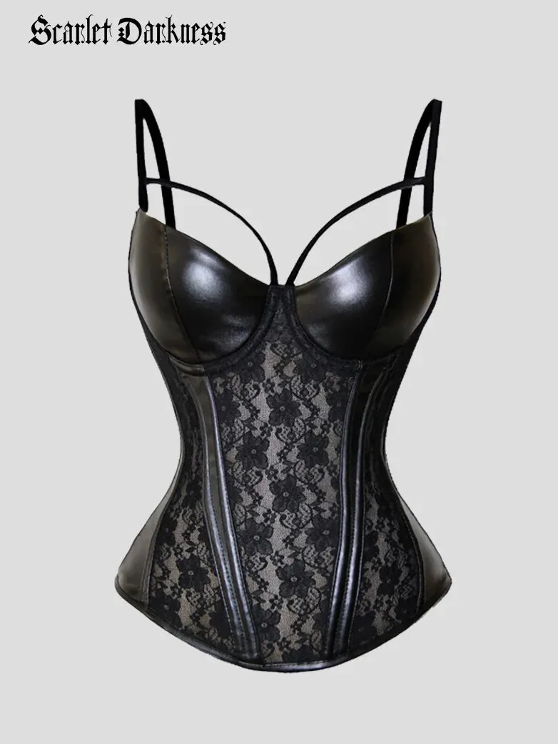 Women Halter Top Gothic PU Leather Lace Patchwork Tops