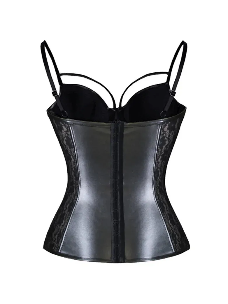 Women Halter Top Gothic PU Leather Lace Patchwork Tops