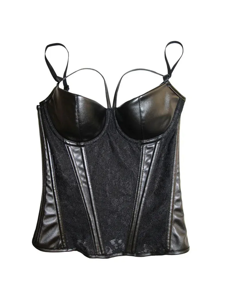 Women Halter Top Gothic PU Leather Lace Patchwork Tops