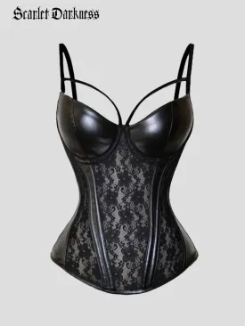 Women Halter Top Gothic PU Leather Lace Patchwork Tops